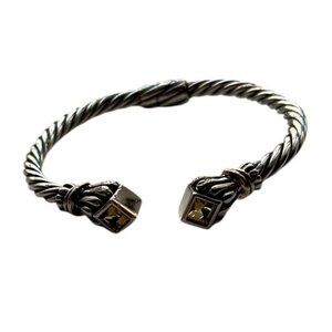 Sterling Silver & 14K Gold Citrine Semi Caps Hinged Cable Cuff Bracelet Flaws